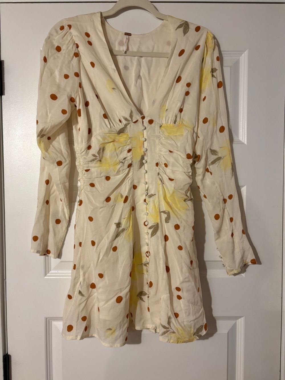 Free People Cream Mini Dress with Rust Polka Dots & Yellow Floral Accents
